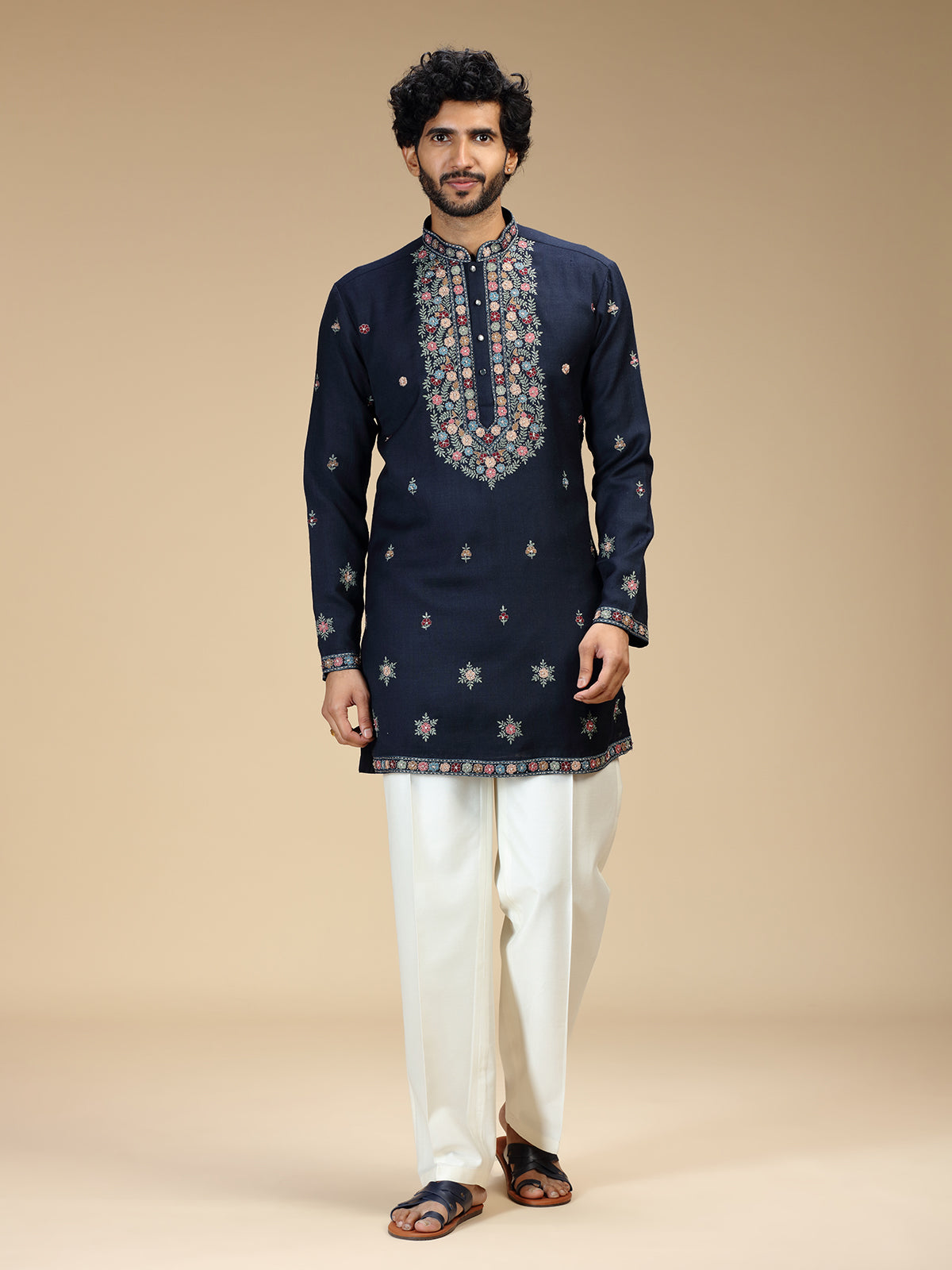 Navy blue floral zari embroidered Pashmina kurta pajama