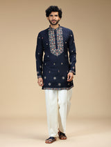 Navy blue floral zari embroidered Pashmina kurta pajama