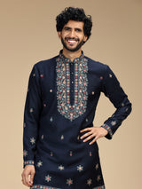 Navy blue floral zari embroidered Pashmina kurta pajama