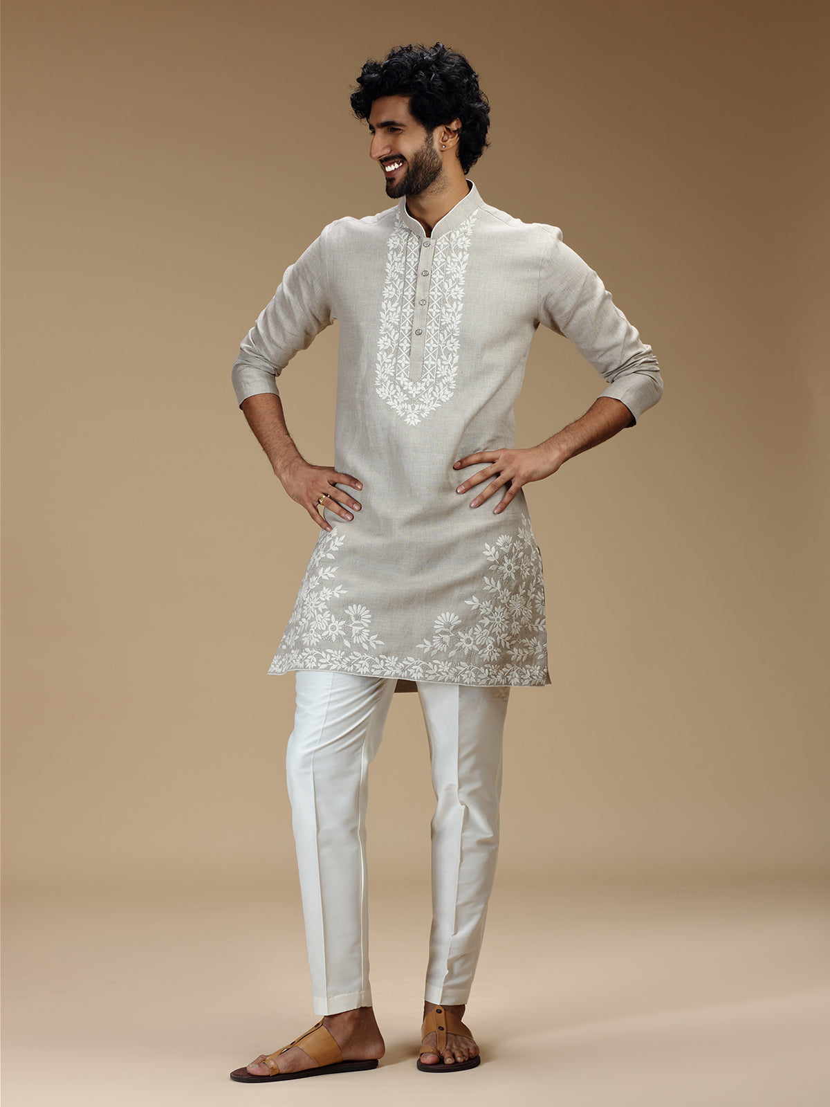 Stone grey floral zari embroidered linen kurta pajama