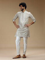 Stone grey floral zari embroidered linen kurta pajama