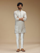 Stone grey floral zari embroidered linen kurta pajama