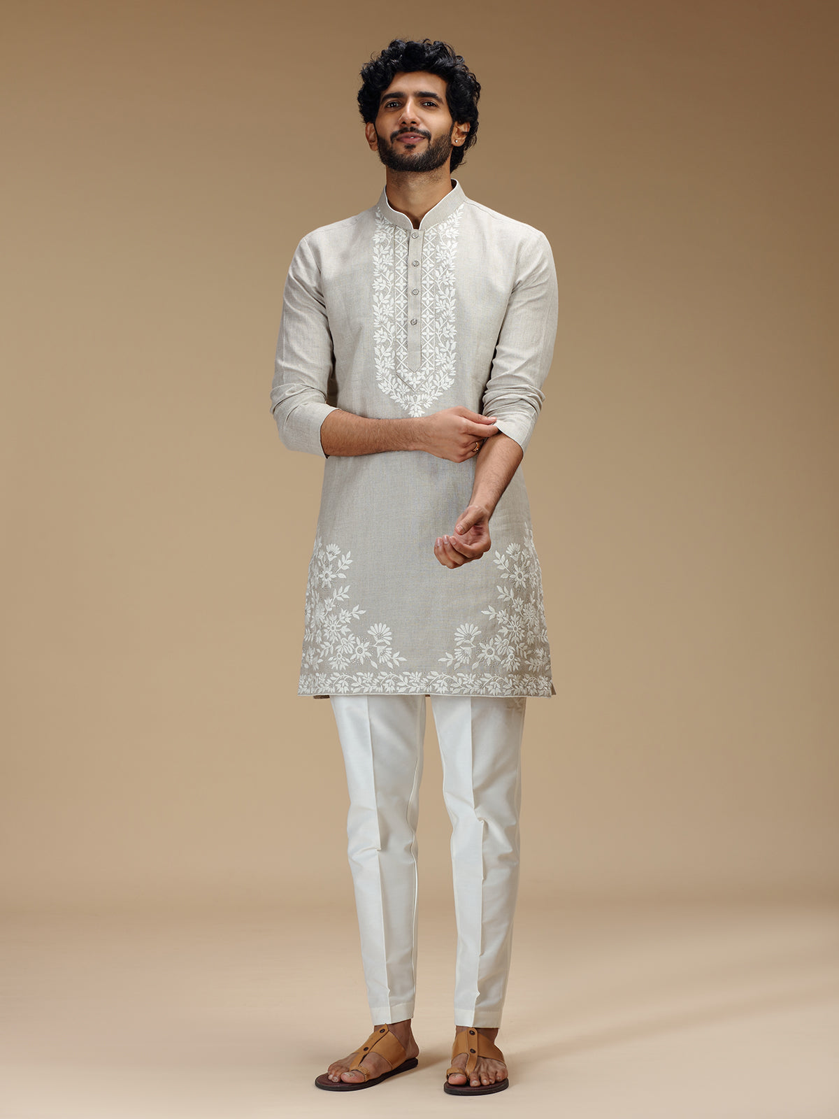 Stone grey floral zari embroidered linen kurta pajama