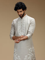 Stone grey floral zari embroidered linen kurta pajama