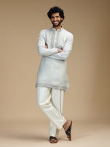 Light grey arched bib embroidered linen kurta pajama