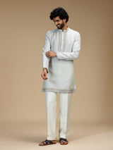 Light grey arched bib embroidered linen kurta pajama