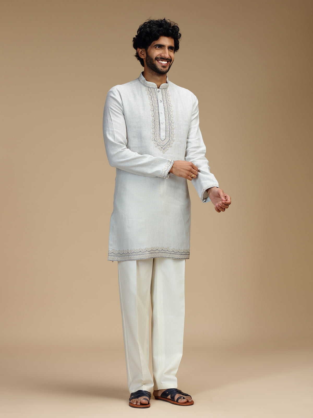 Light grey arched bib embroidered linen kurta pajama