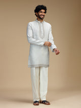 Light grey arched bib embroidered linen kurta pajama