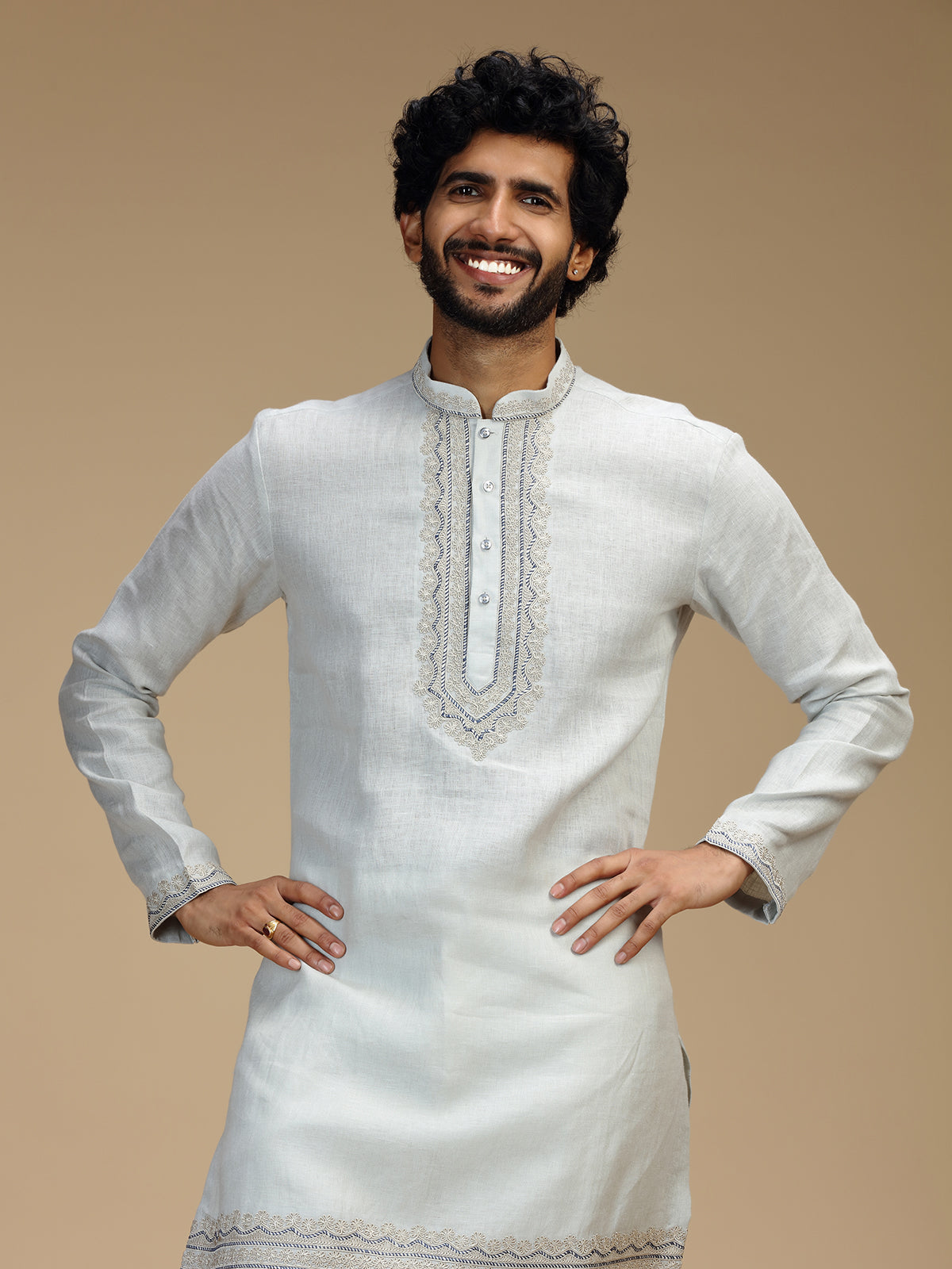 Light grey arched bib embroidered linen kurta pajama