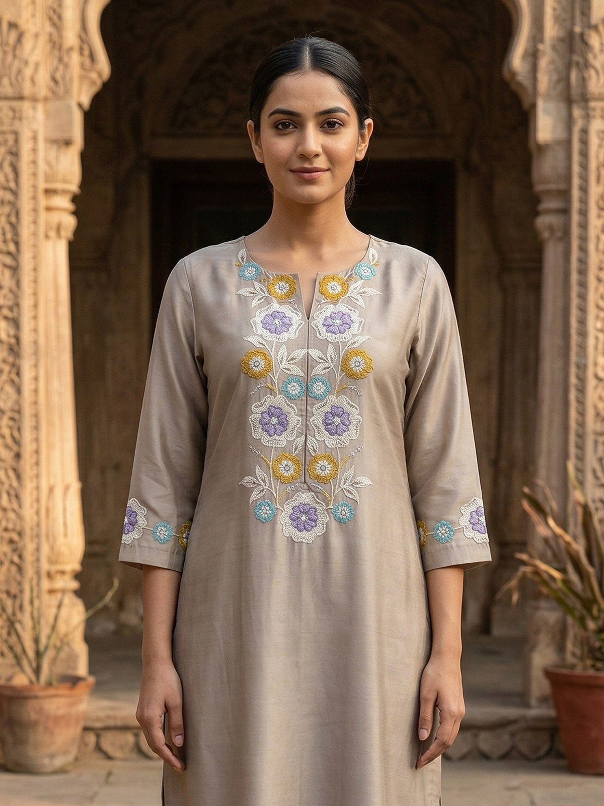 Taupe beige cotton blend women kurti set with floral jaal