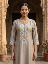 Taupe beige cotton blend women kurti set with floral jaal