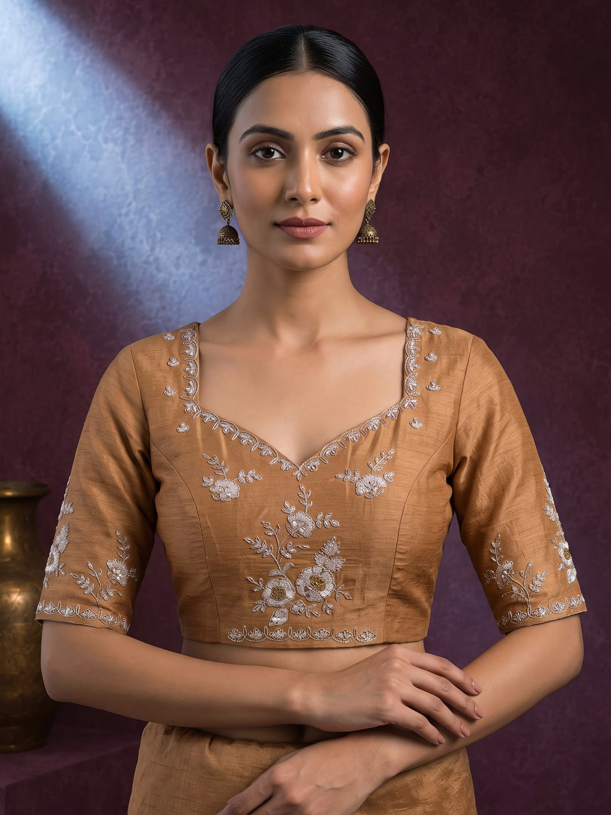 Rust yellow raw silk lehenga choli with zardosi detailing