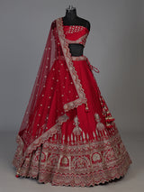 Red raw silk bridal lehenga choli with mughal motifs