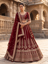 Maroon raw silk bridal lehenga choli with cutdana work