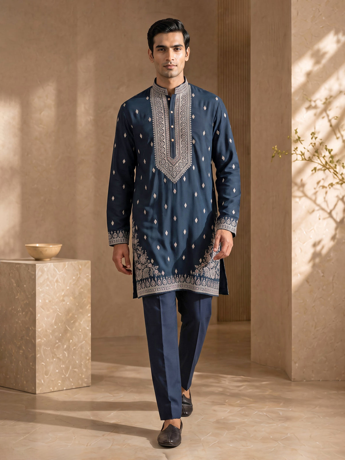 Navy georgette embroidered men kurta suit