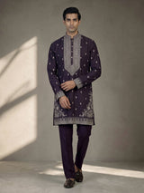 Midnight black georgette embroidered men kurta suit