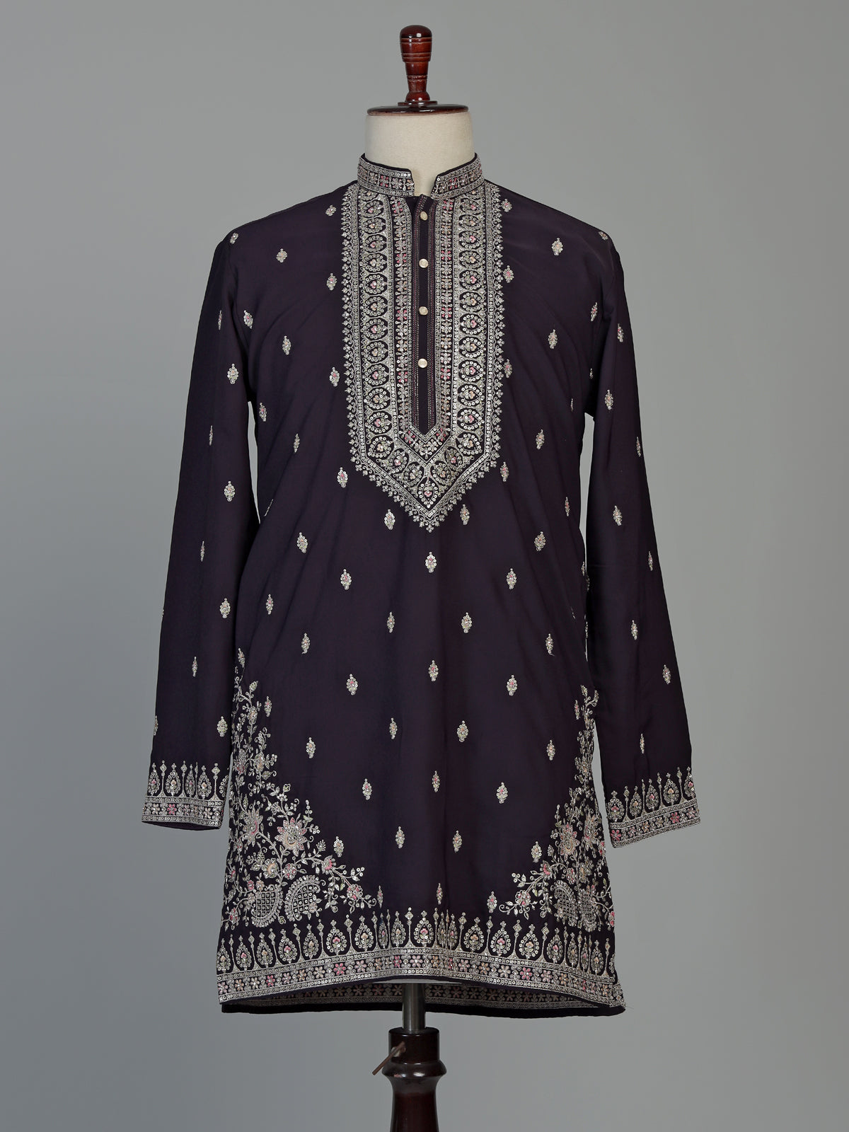 Midnight black georgette embroidered men kurta suit