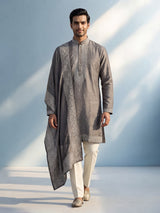 Metallic charcoal grey silk blend three piece men kurta suit