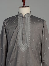 Metallic charcoal grey silk blend three piece men kurta suit