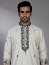 Ivory-white silk blend men kurta suit with teal bandhani stole