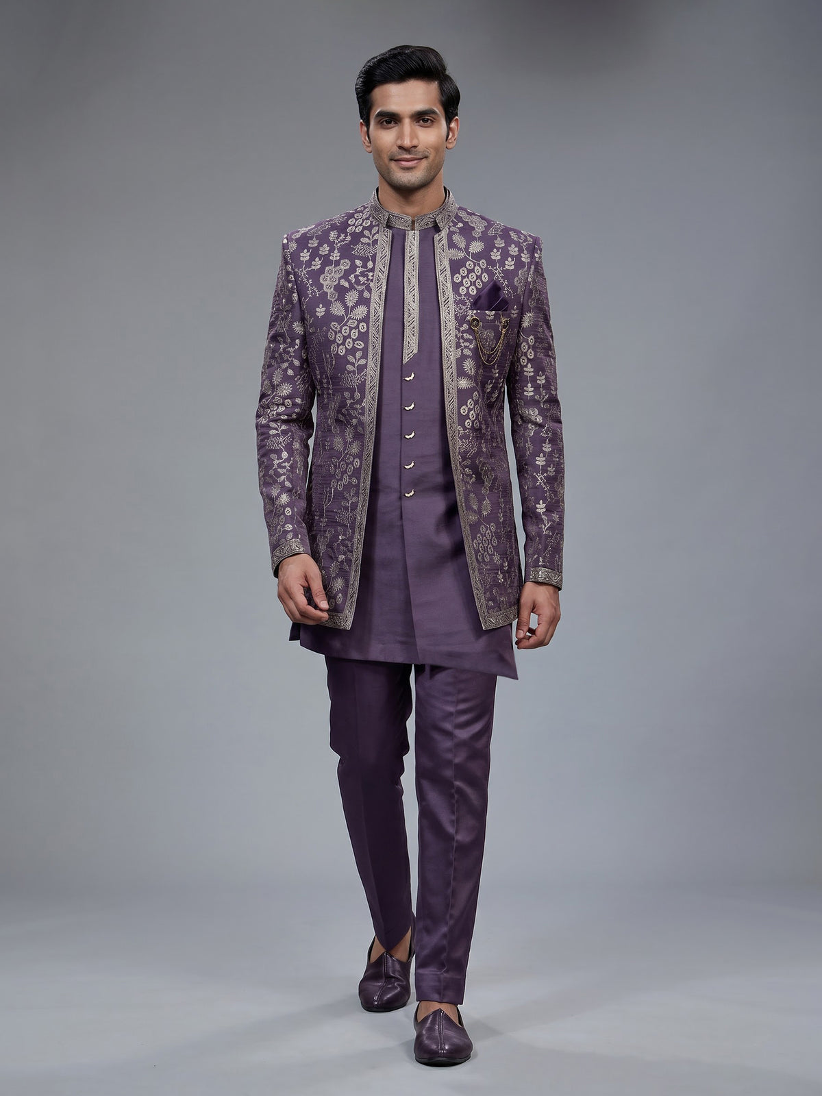 Deep purple silk blend men Indo western set with jacket