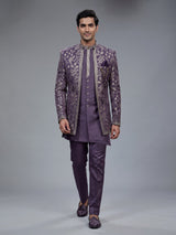 Deep purple silk blend men Indo western set with jacket