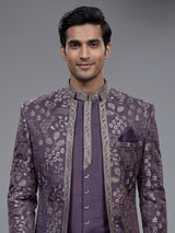 Deep purple silk blend men Indo western set with jacket