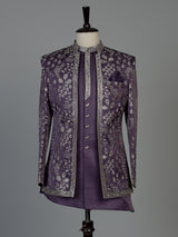 Deep purple silk blend men Indo western set with jacket