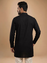 Jet black cotton short kurta with avian motif embroidery