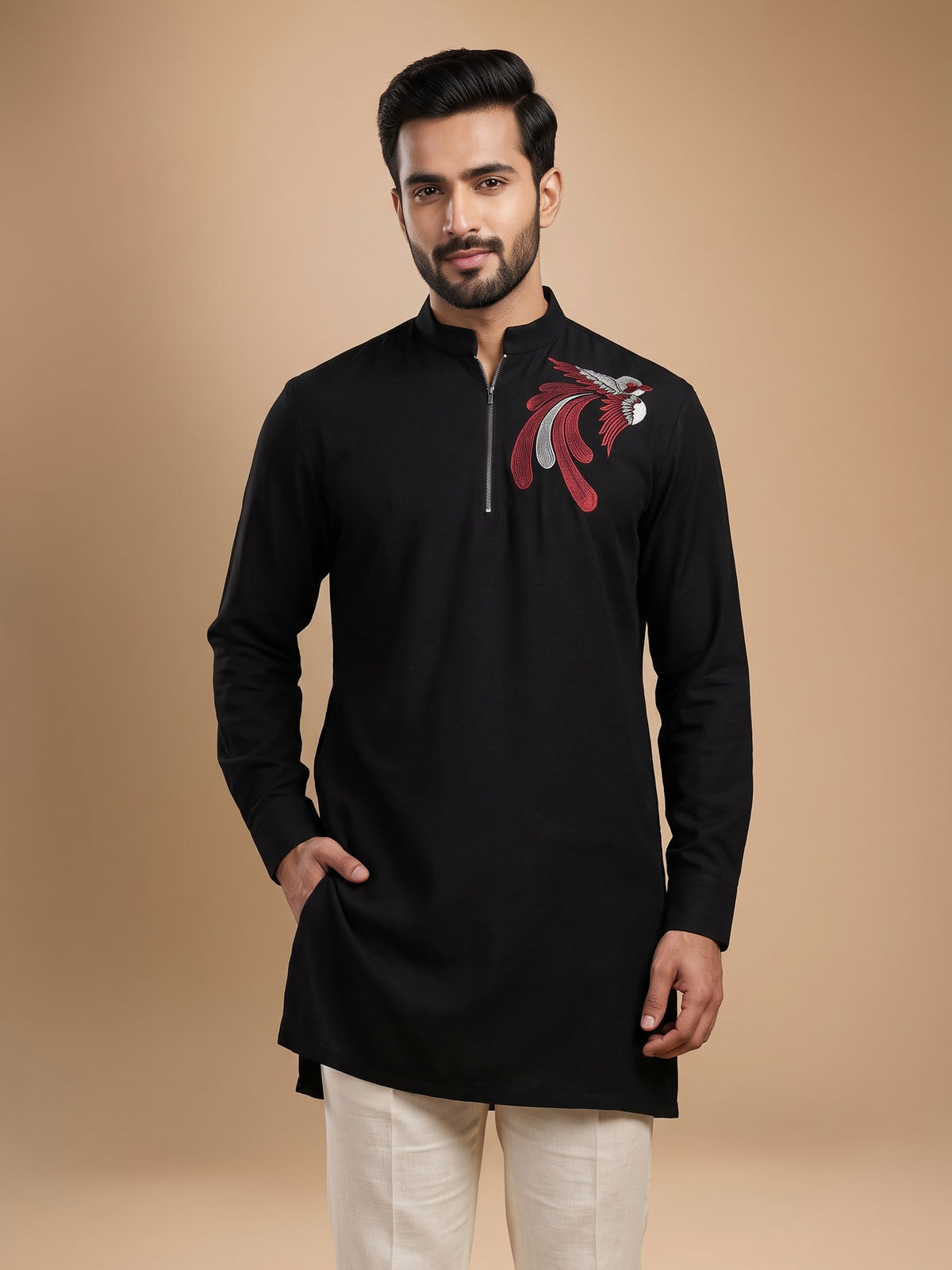 Jet black cotton short kurta with avian motif embroidery