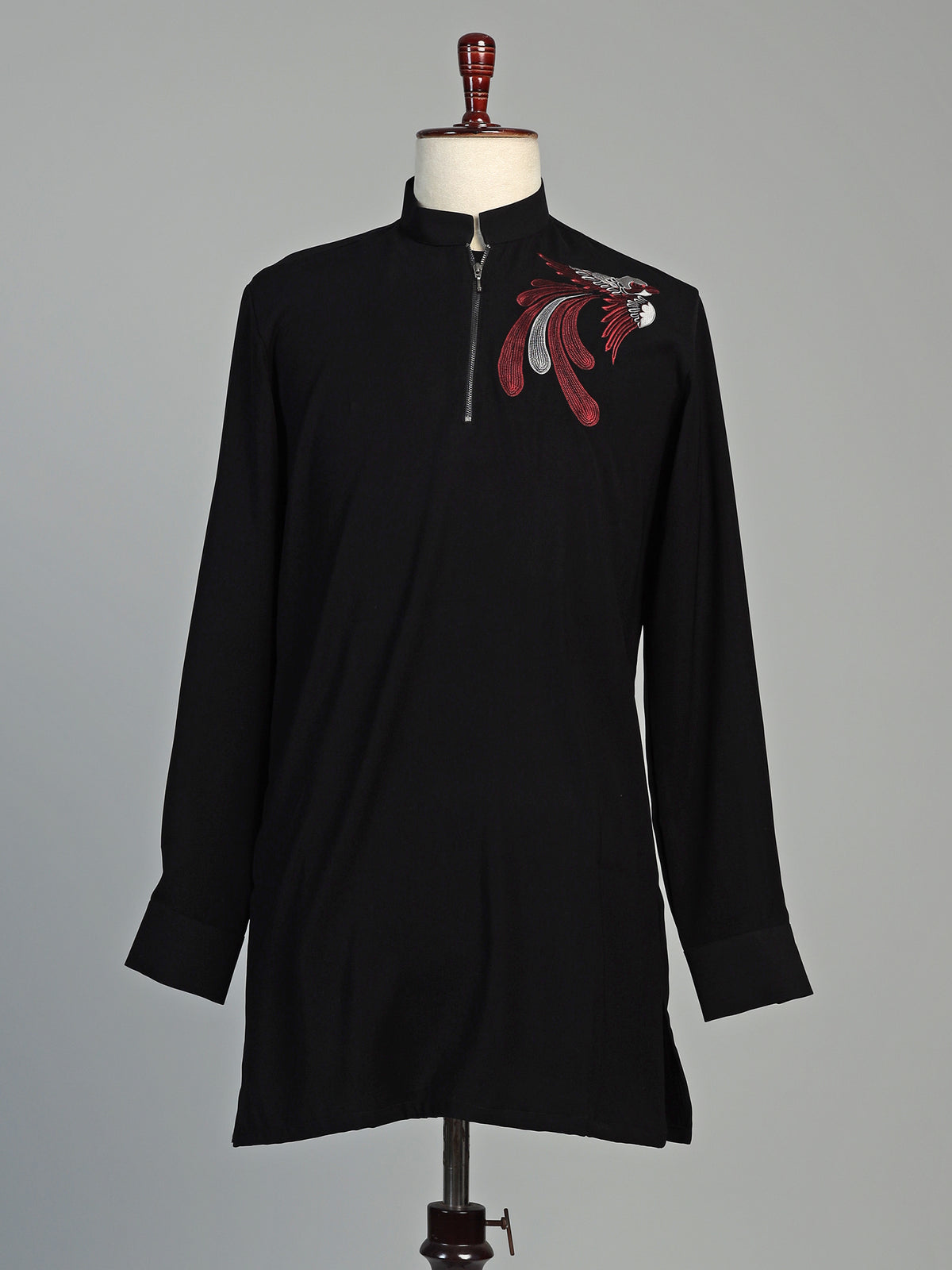 Jet black cotton short kurta with avian motif embroidery