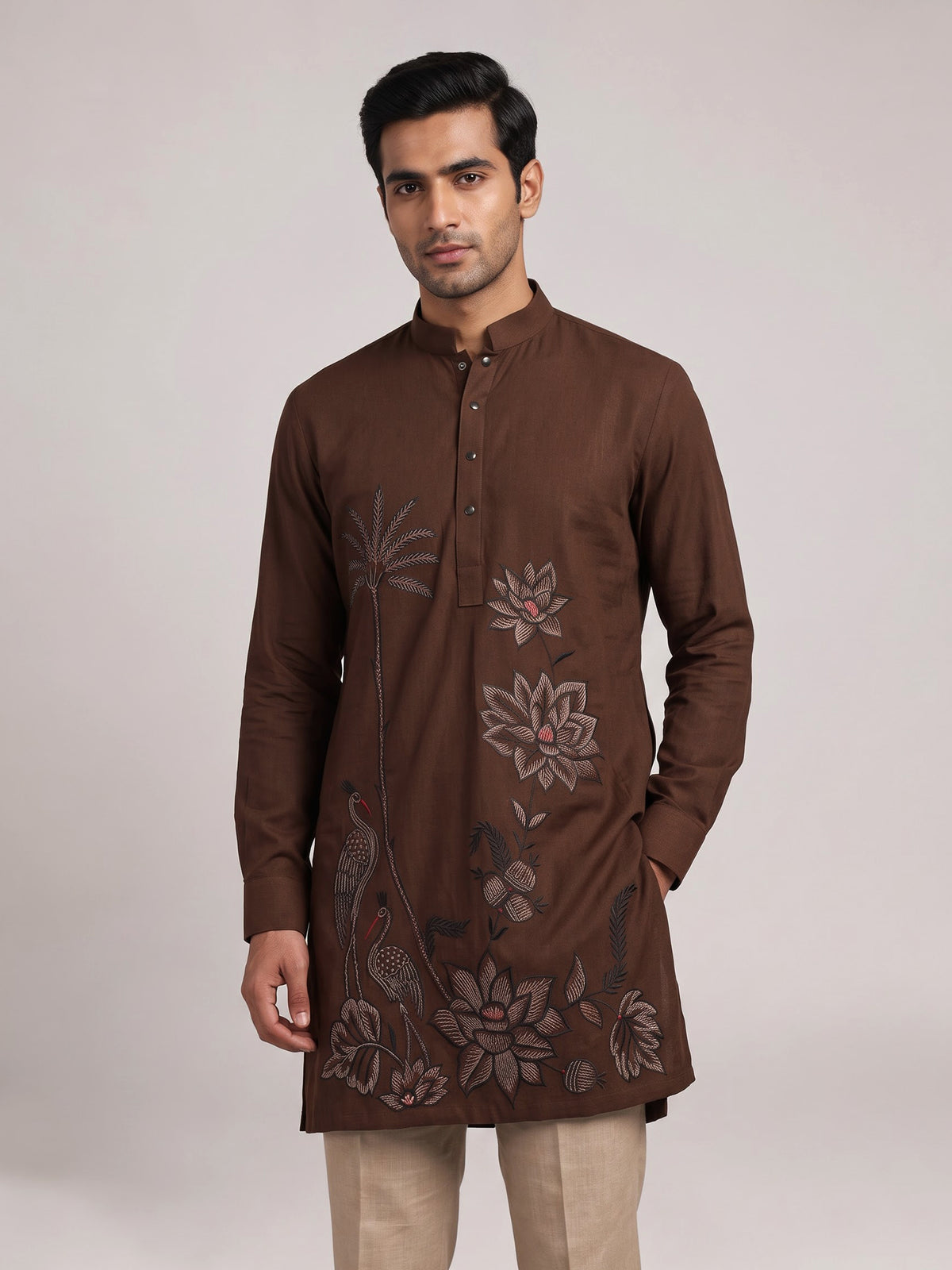 Dark chocolate brown cotton short kurta with embroidery