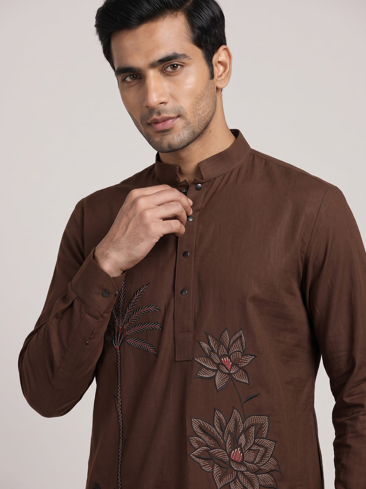 Dark chocolate brown cotton short kurta with embroidery