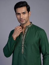 Dark green cotton kurta suit for men with mirror accents