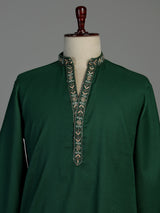 Dark green cotton kurta suit for men with mirror accents