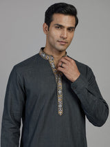 Black cotton kurta suit for men with mirror detailing