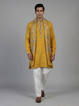 Bright yellow cotton kurta suit for men with mirror embellishments