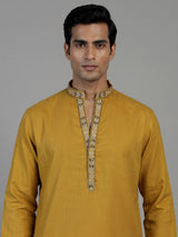 Bright yellow cotton kurta suit for men with mirror embellishments