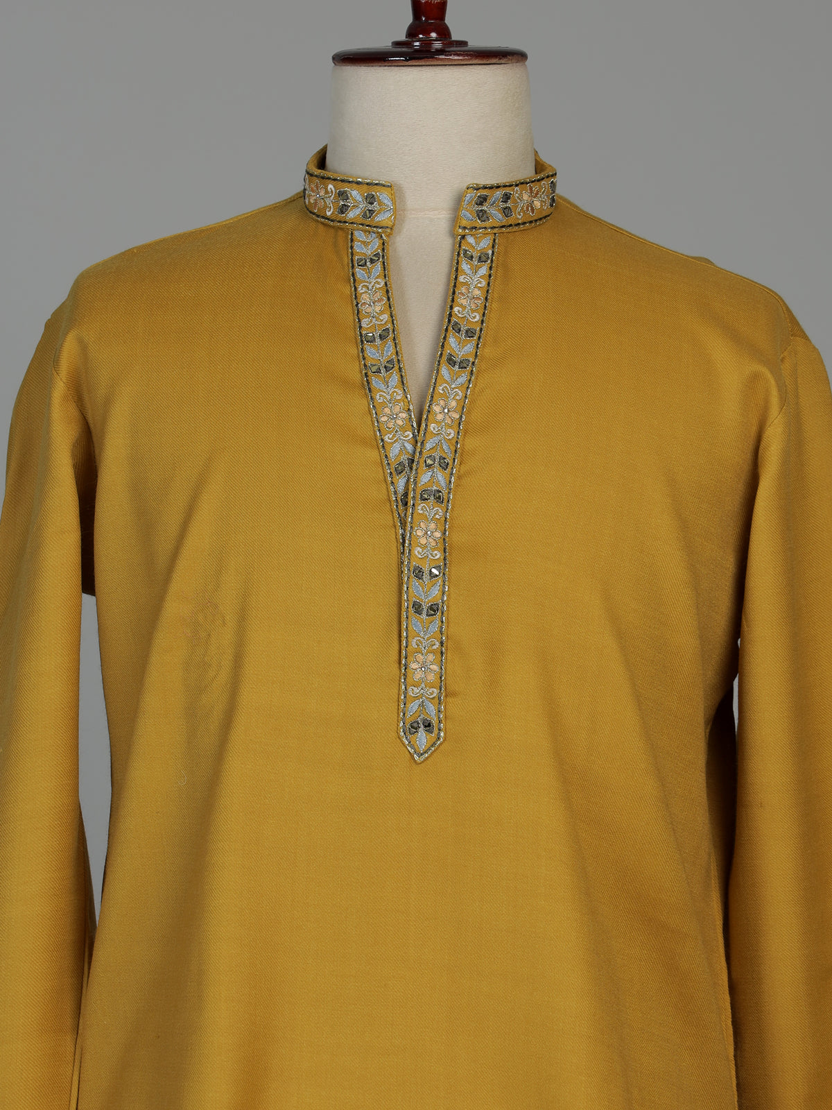 Bright yellow cotton kurta suit for men with mirror embellishments