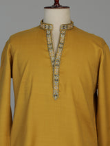 Bright yellow cotton kurta suit for men with mirror embellishments