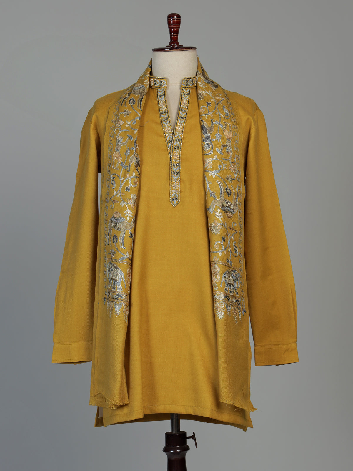 Bright yellow cotton kurta suit for men with mirror embellishments