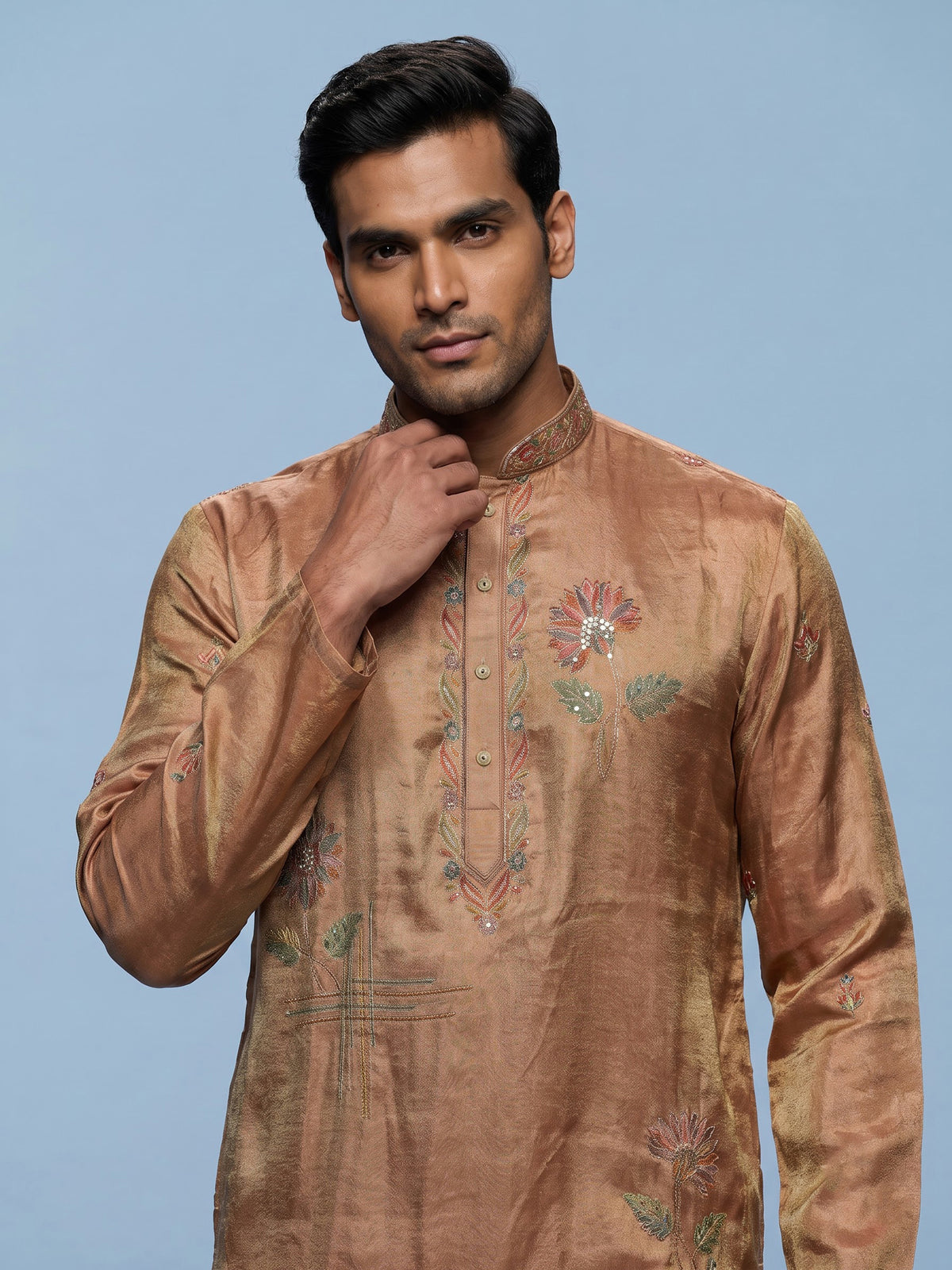 Pastel brown printed silk kurta suit for men with sequins