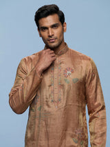 Pastel brown printed silk kurta suit for men with sequins