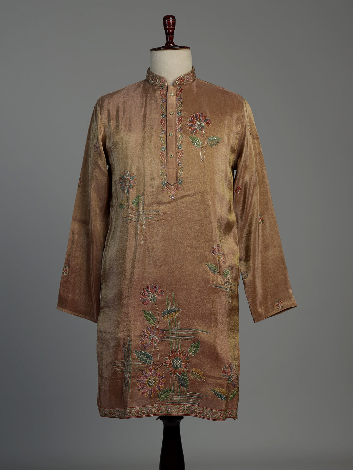 Pastel brown printed silk kurta suit for men with sequins