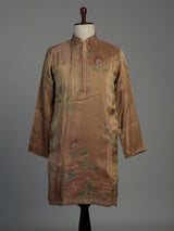 Pastel brown printed silk kurta suit for men with sequins