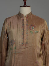 Pastel brown printed silk kurta suit for men with sequins