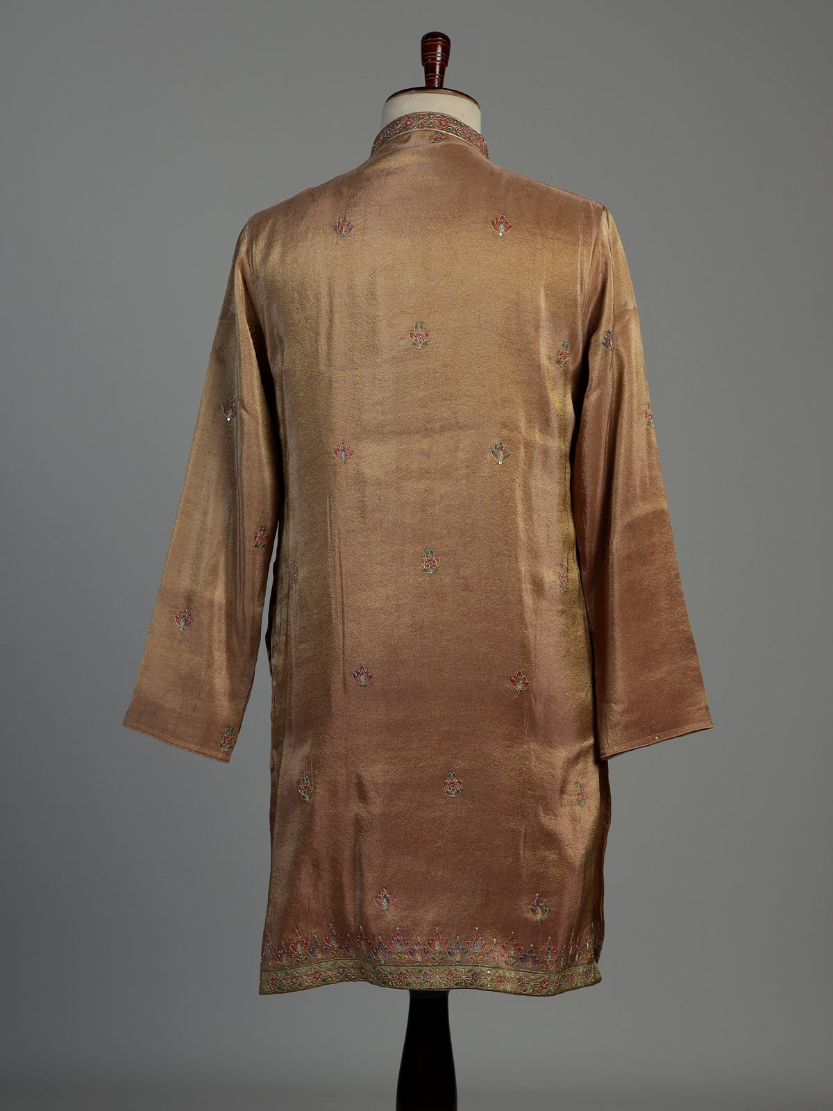 Pastel brown printed silk kurta suit for men with sequins