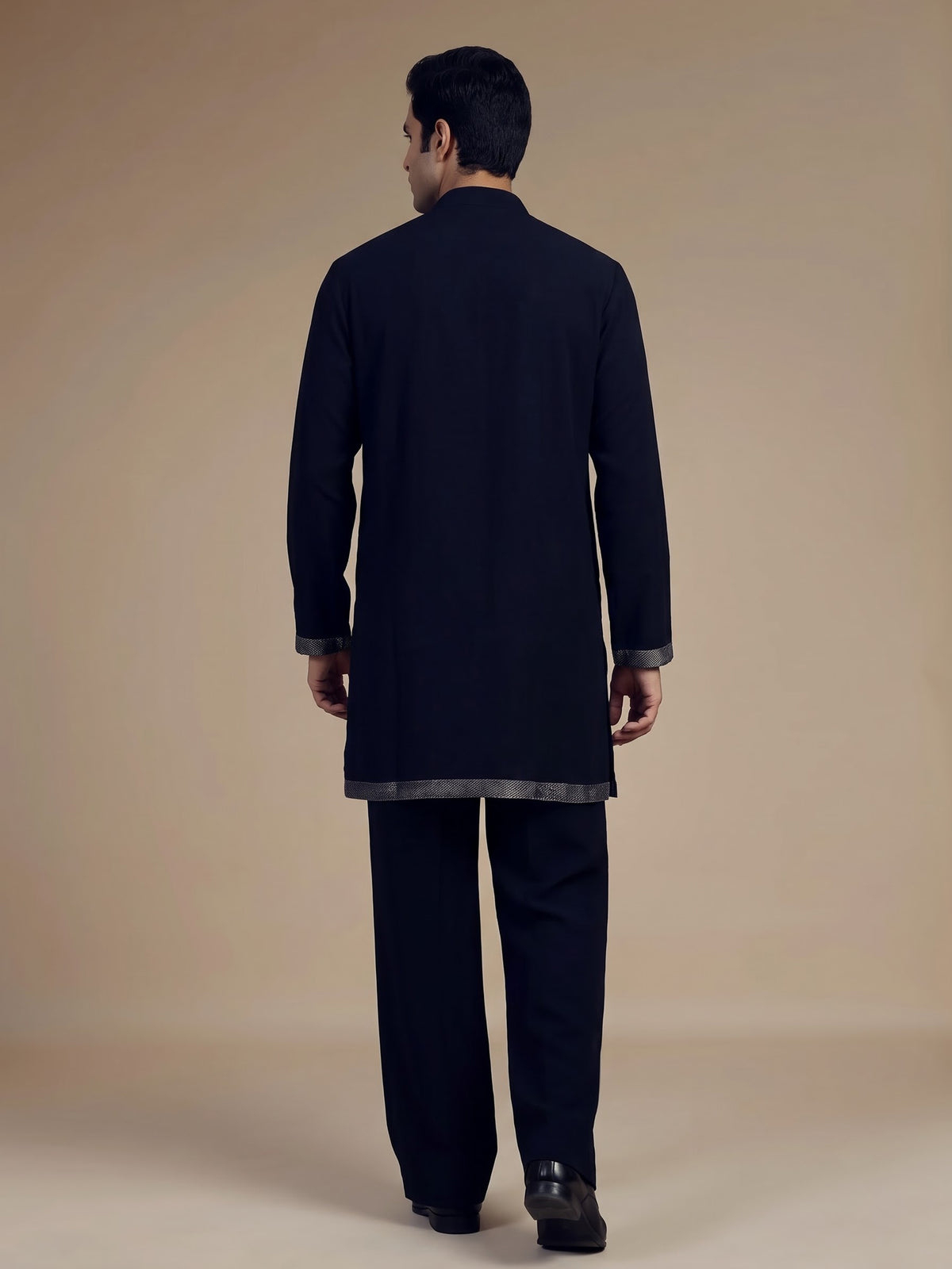 Classic black cotton kurta suit for men with threadwork detailing