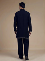 Classic black cotton kurta suit for men with threadwork detailing