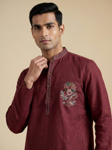 Maroon cotton linen kurta suit for men with festive embellishments